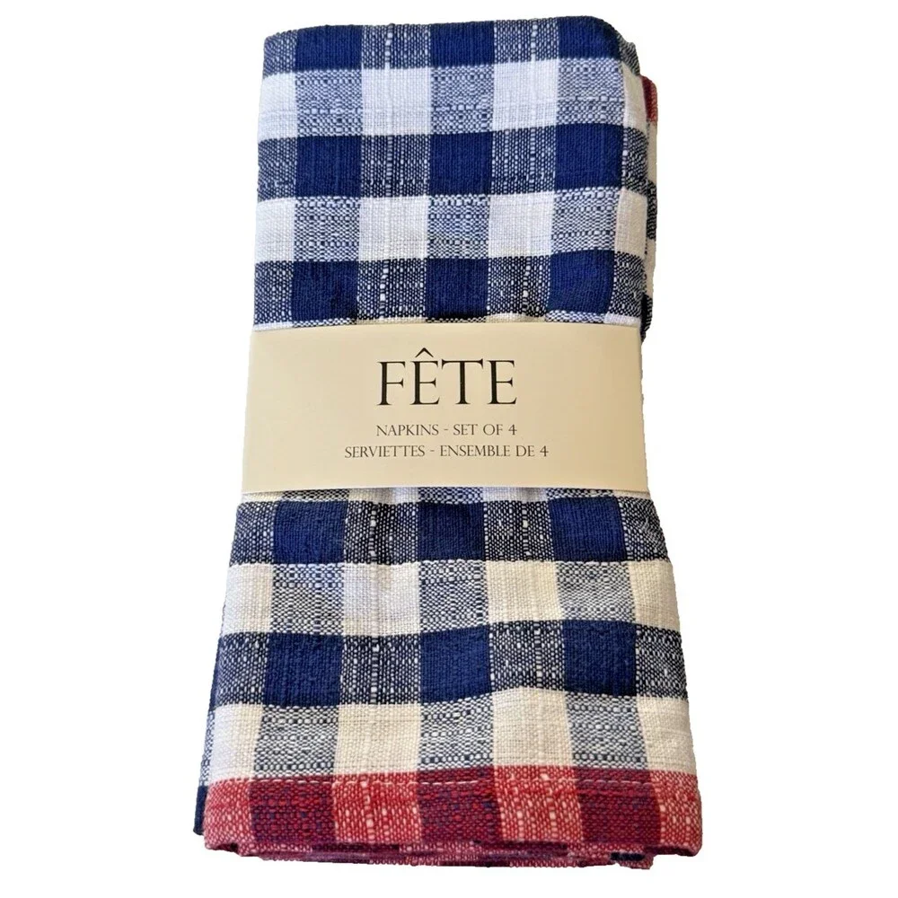Fete Fabric Napkins Red White Blue Americana Patriotic Plaid 18x18
